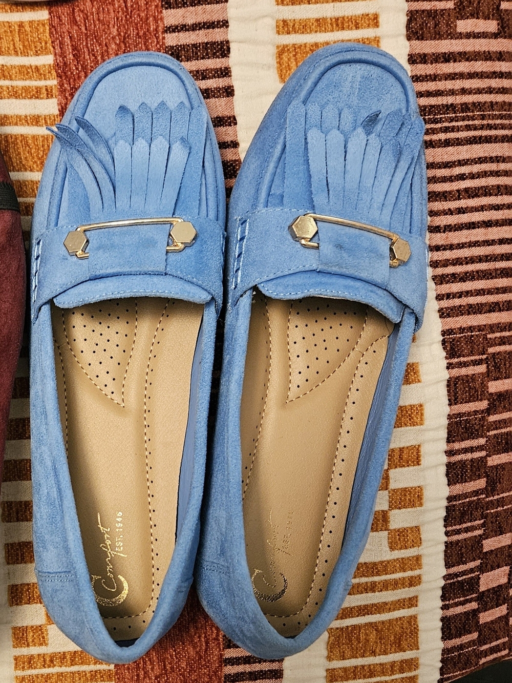 Comfort Zone Sky Blue Suede Fringe Loafers with Gold Accent